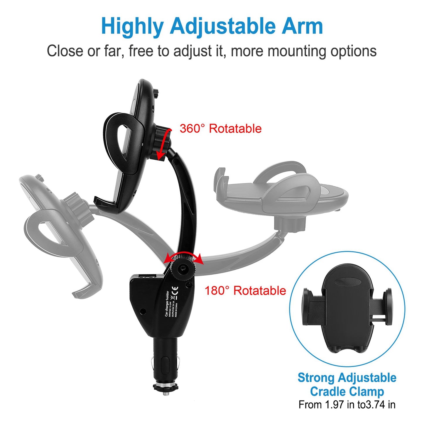 360 Degree Rotation Car Phone Mount 3.1A Dual USB Cigarette Lighter