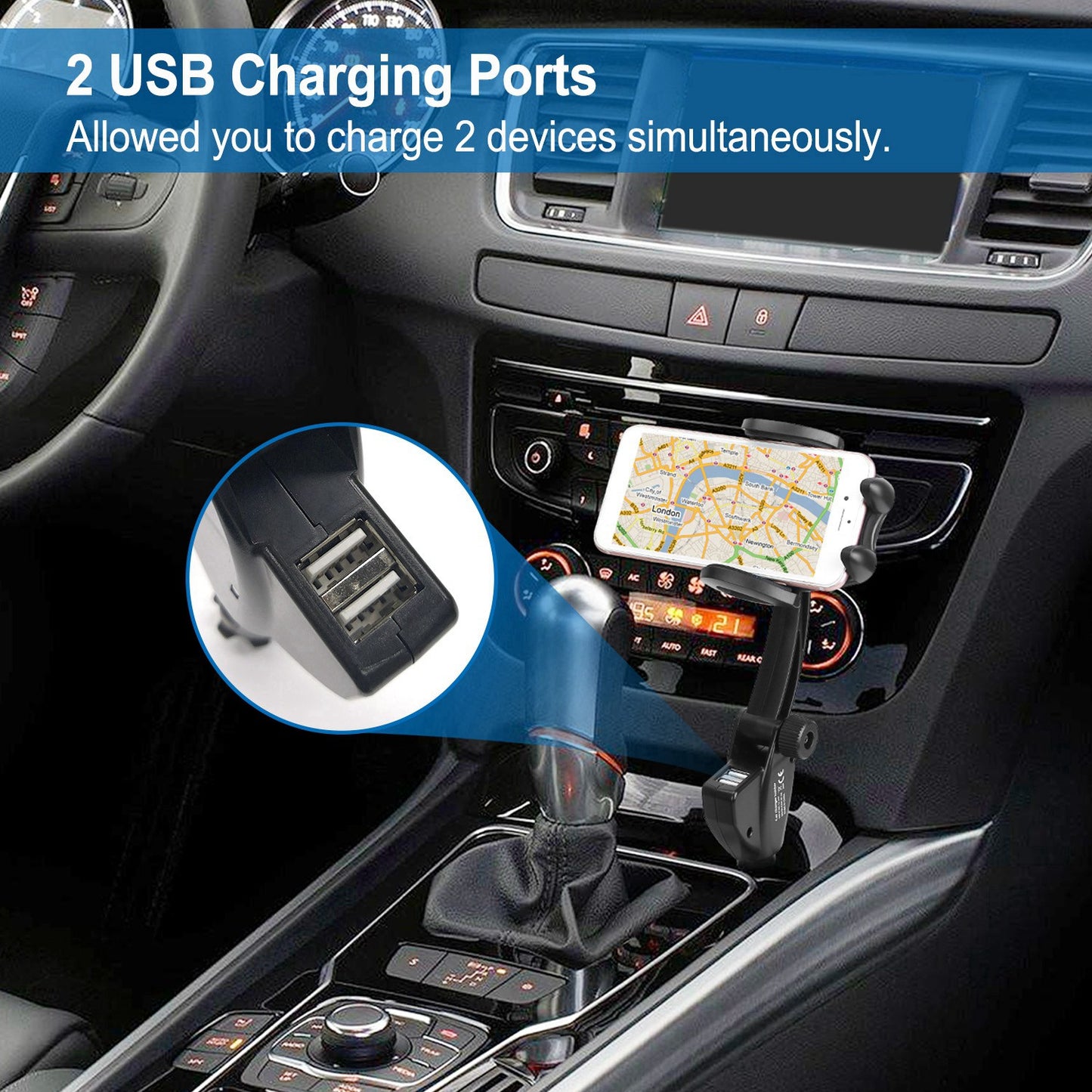 360 Degree Rotation Car Phone Mount 3.1A Dual USB Cigarette Lighter