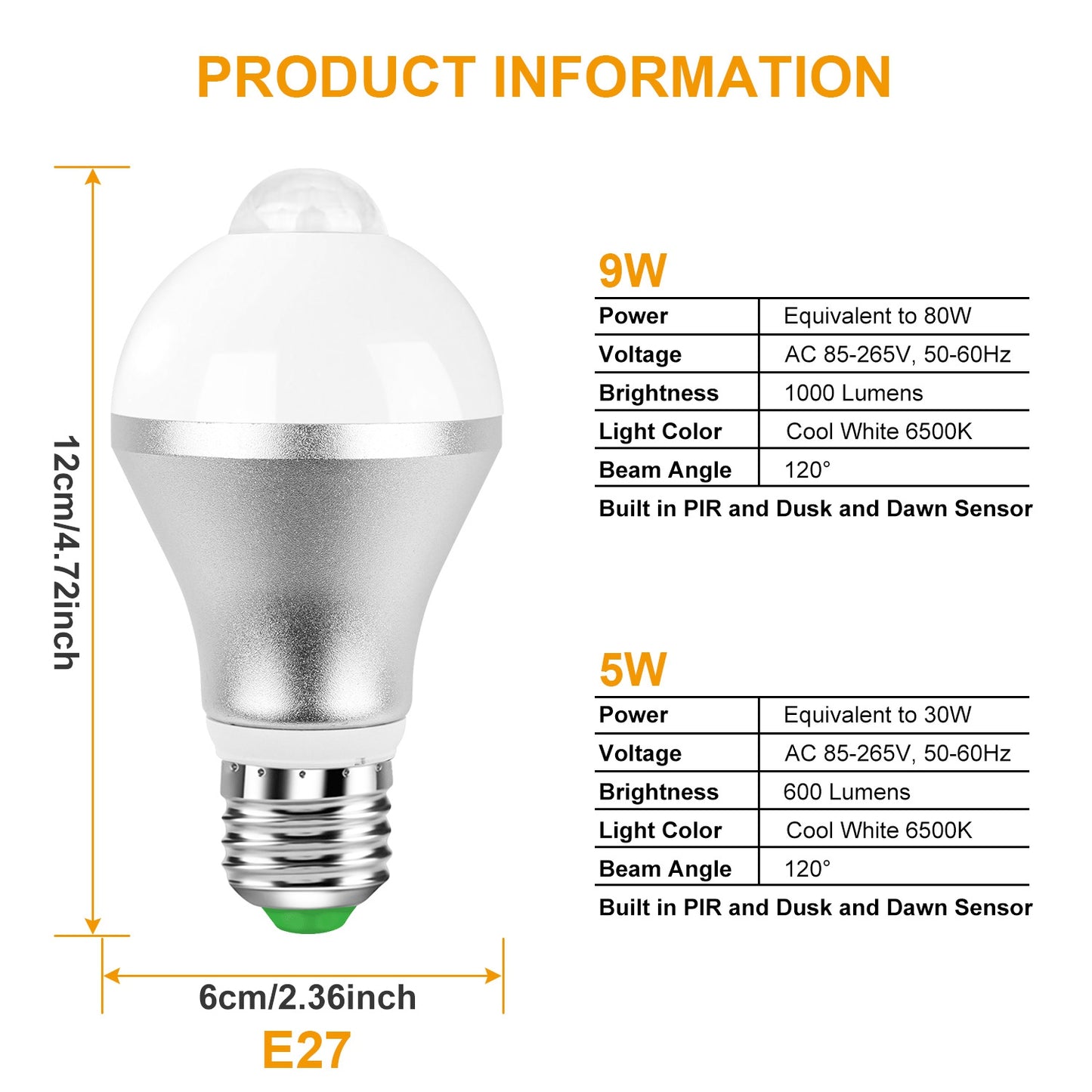 E27 Motion Sensor Light Bulb 9W/5W 1000LM 6500K Dusk to Dawn