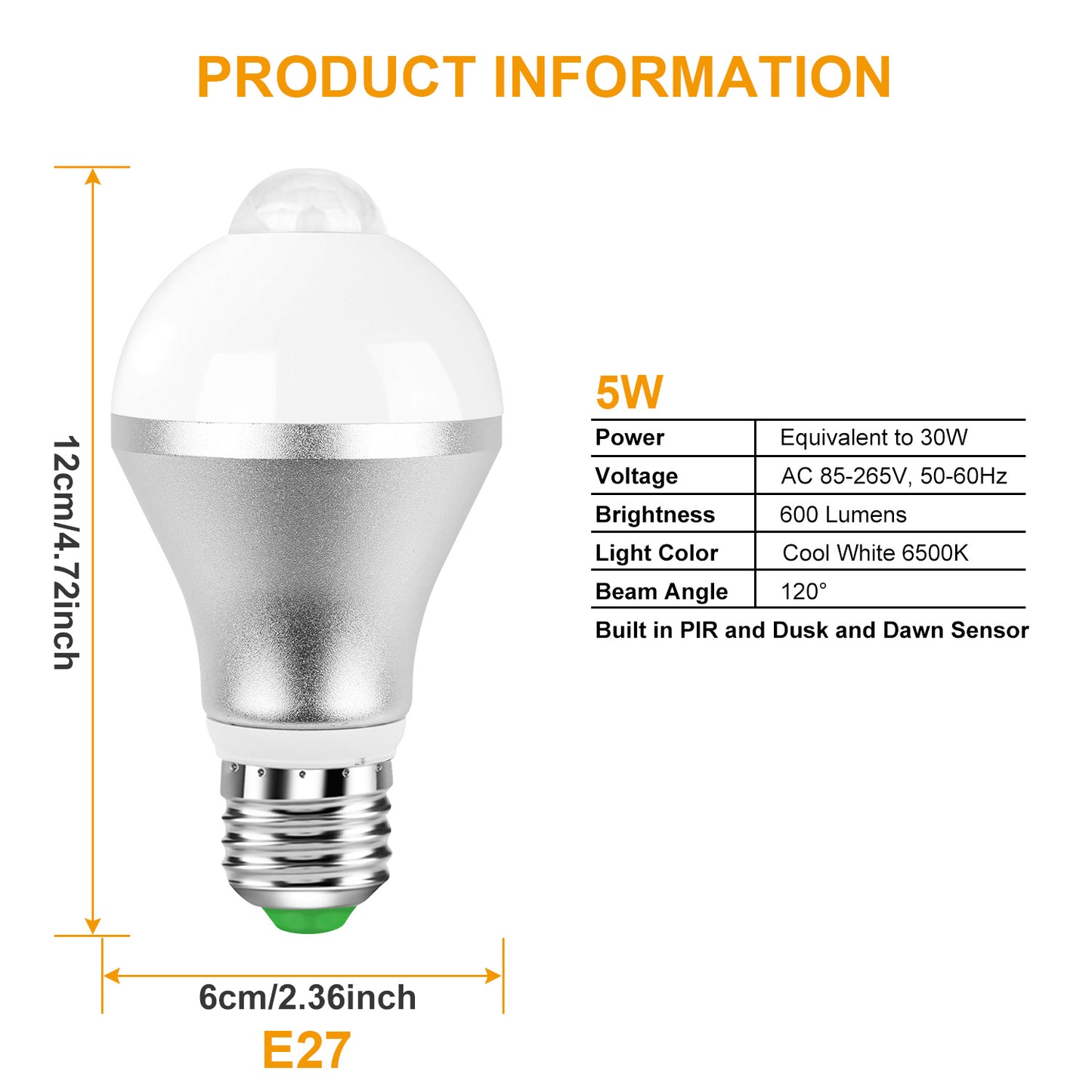 E27 Motion Sensor Light Bulb 9W/5W 1000LM 6500K Dusk to Dawn