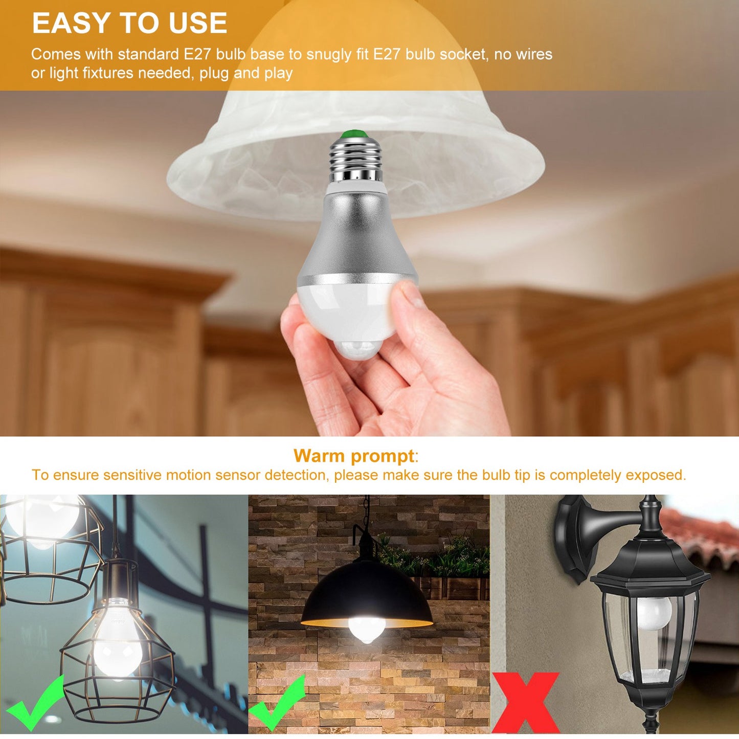E27 Motion Sensor Light Bulb 9W/5W 1000LM 6500K Dusk to Dawn