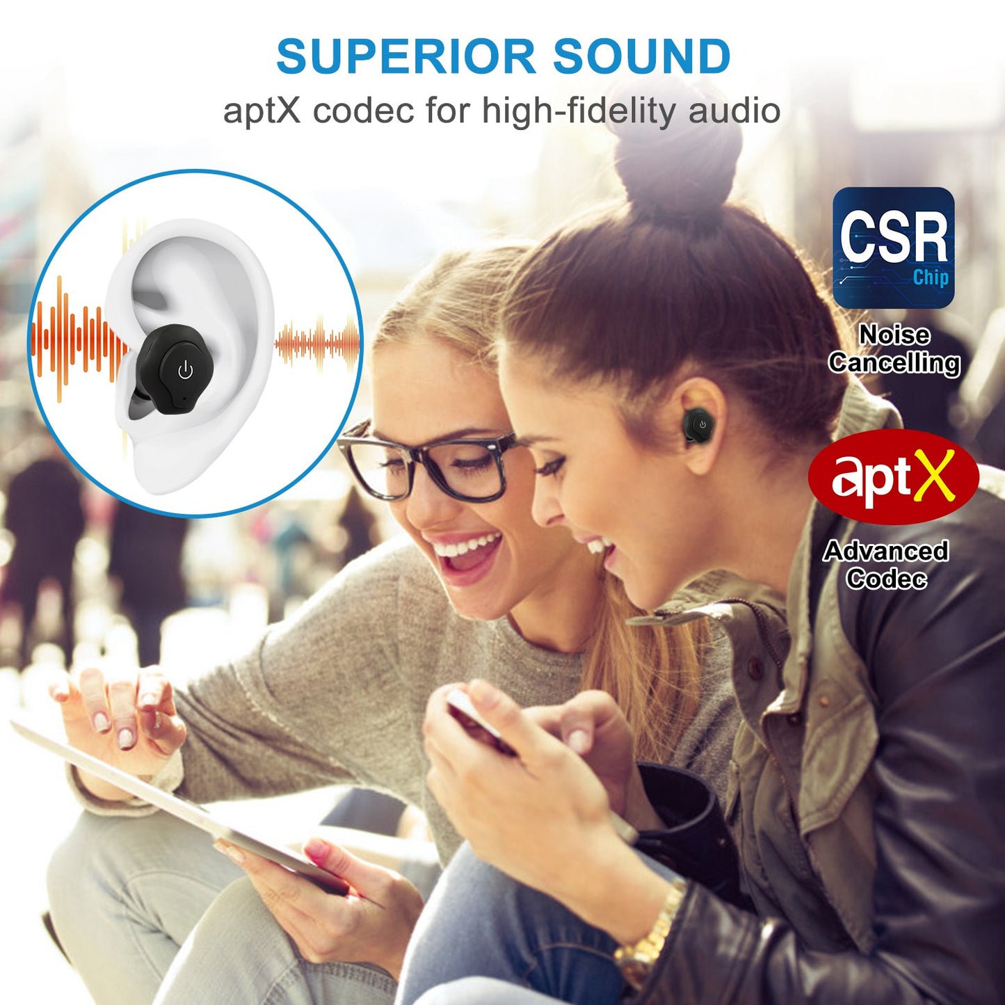 True Wireless Earbuds CSR V4.2 In-ear Stereo Headsets IP44 Waterproof