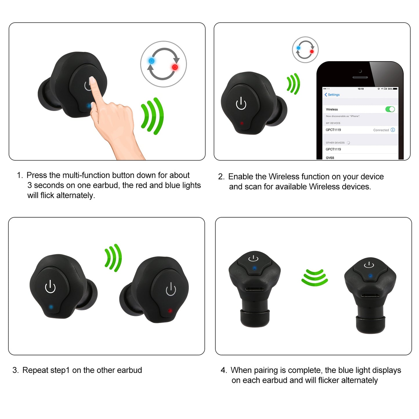 True Wireless Earbuds CSR V4.2 In-ear Stereo Headsets IP44 Waterproof