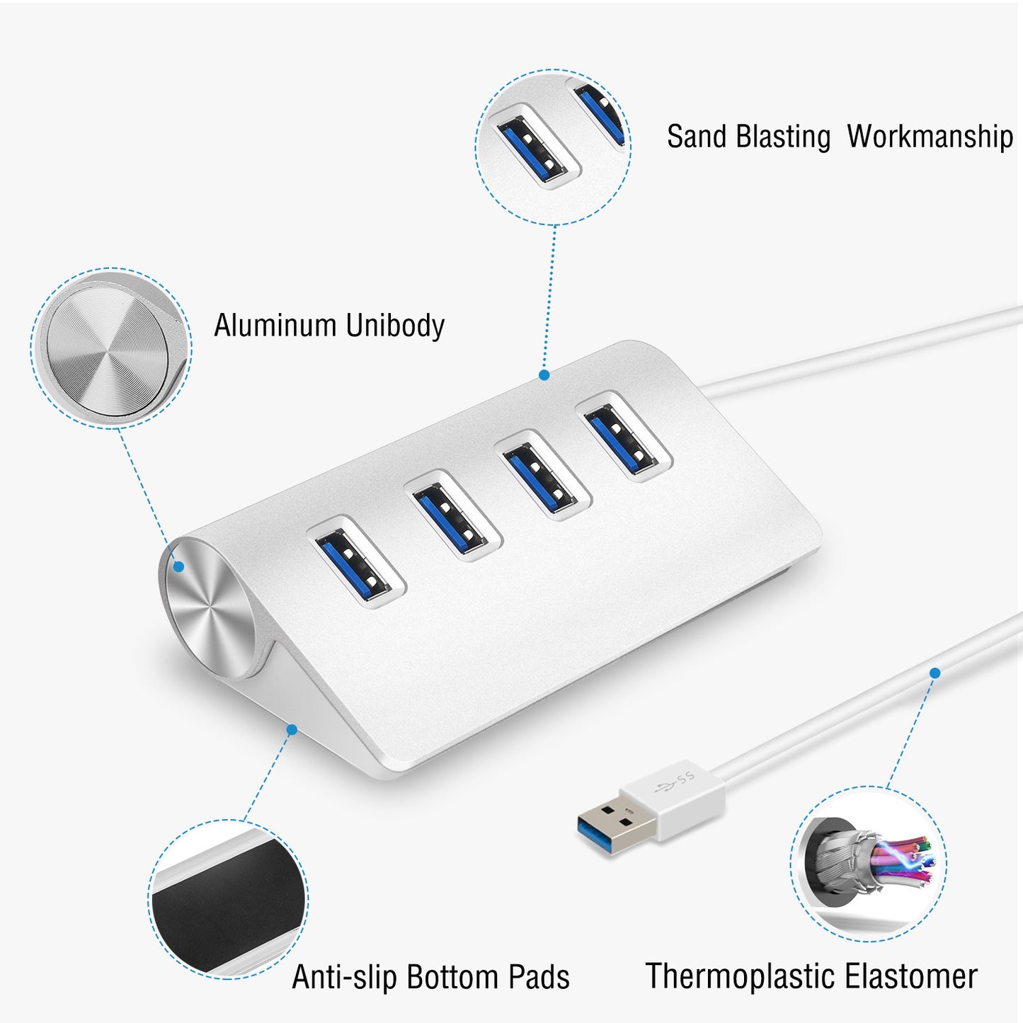 4 Ports USB3.0 Hub 5Gbps USB3.0 Aluminum Expansion Hub Splitter