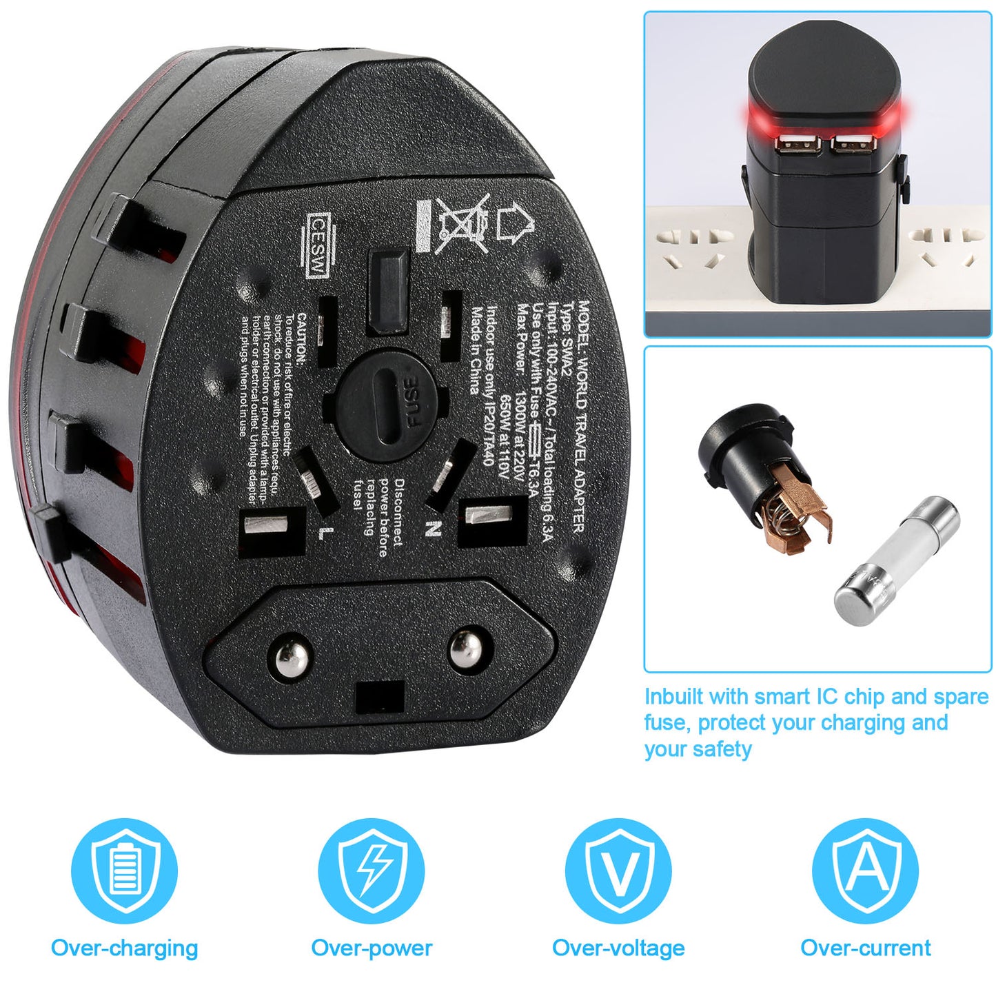 Universal Travel Power Adapter All in One Wall Charger AC Power Plug Adapter