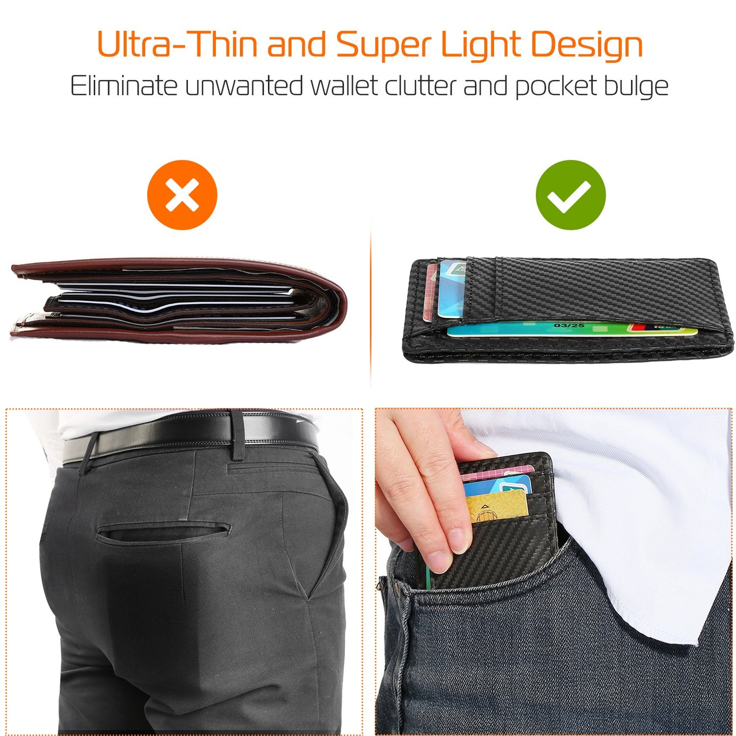 Credit Card Holder Wallet w/Cash Pocket Carbon Fiber RFID Blocking Anti Scan