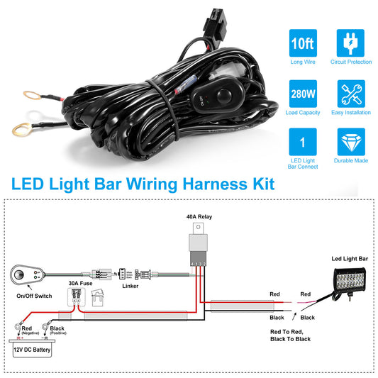 LED Light Bar Wiring Harness Kit 280W 12V 40A Power Relay Fuse