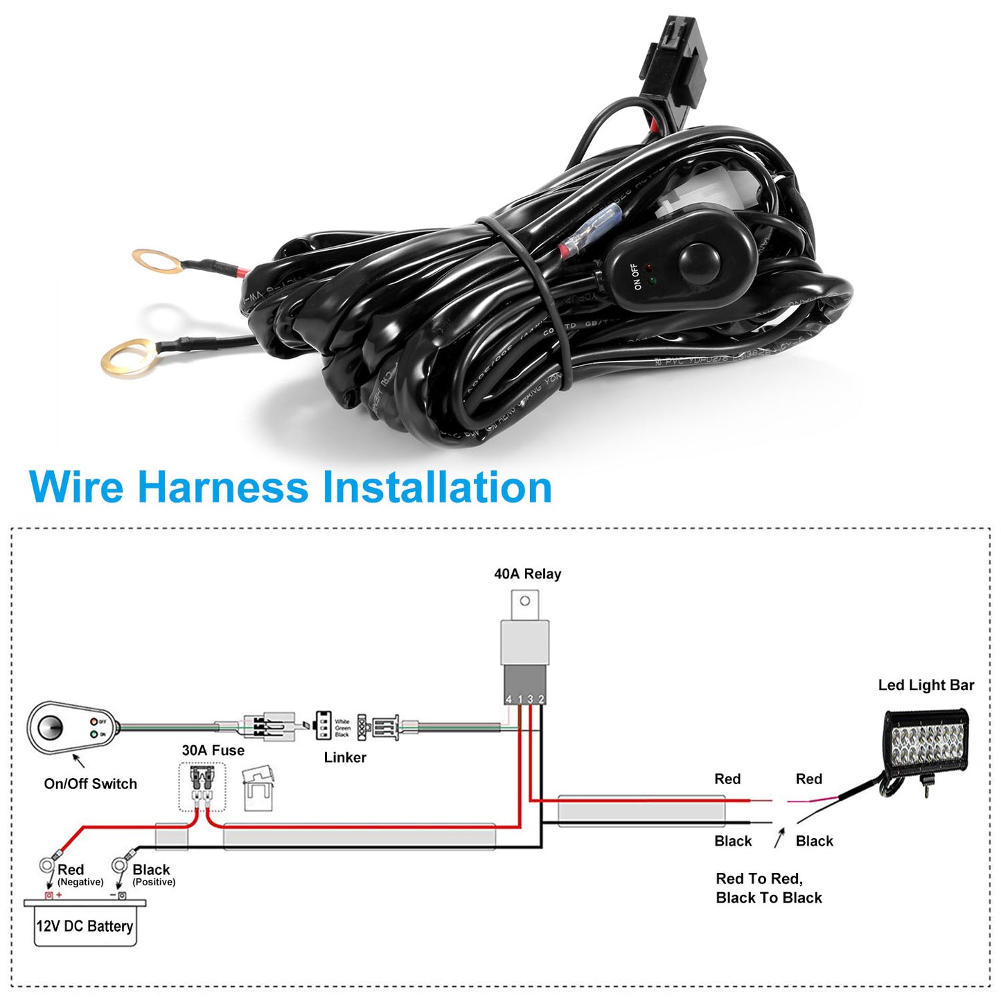 LED Light Bar Wiring Harness Kit 280W 12V 40A Power Relay Fuse