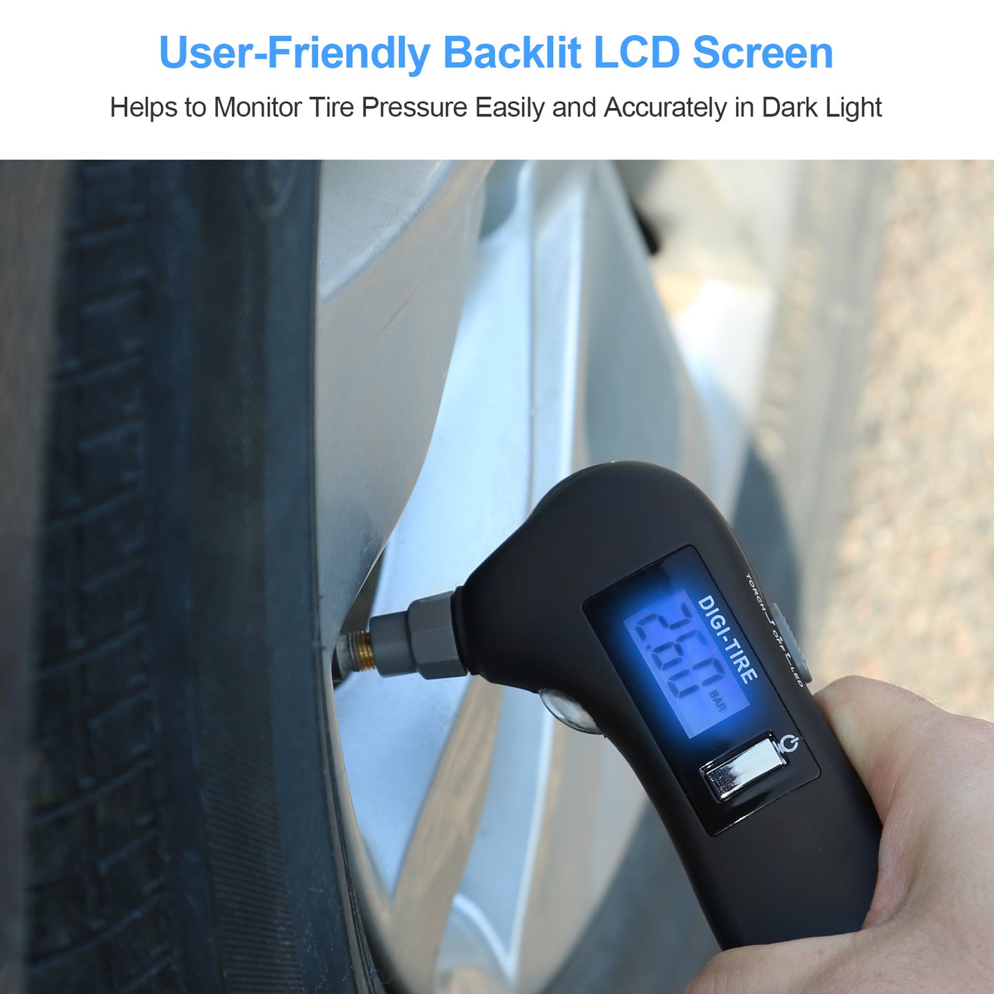 Auto Digital Tire Pressure Gauge 150 PSI 4 Settings LED Flashlight Window Breaker