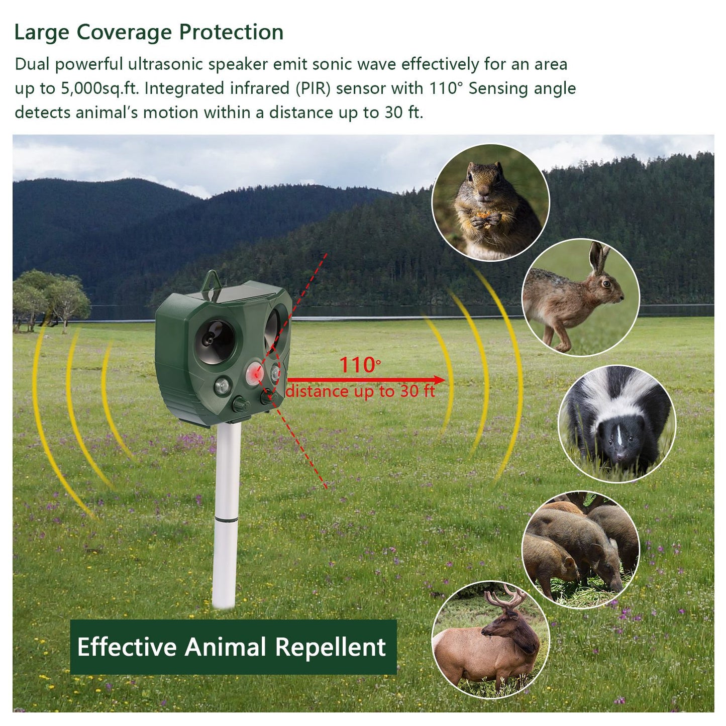 Ultrasonic Animal Repeller Solar Powered Repellent with Motion Sensor