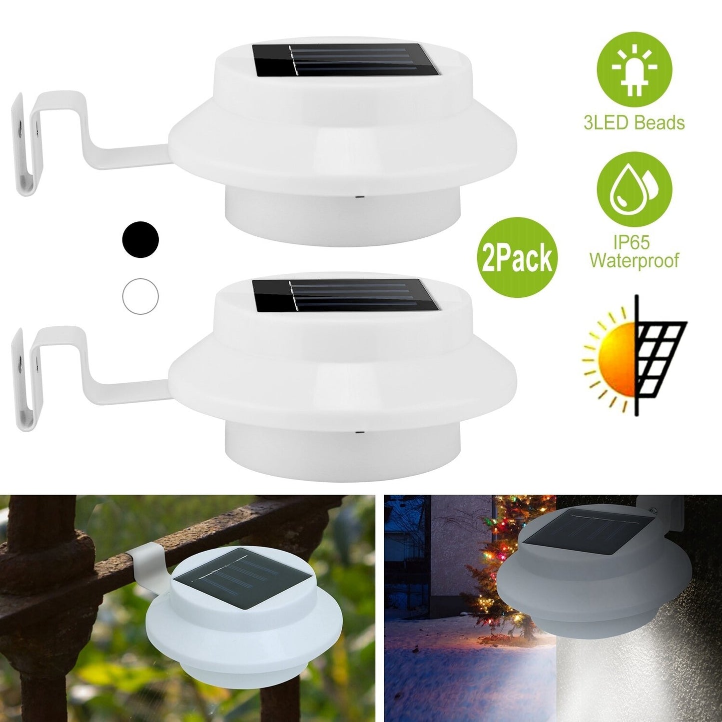 2Pcs Solar Powered Gutter Lights Outdoor IP65 Waterproof Security Lamps