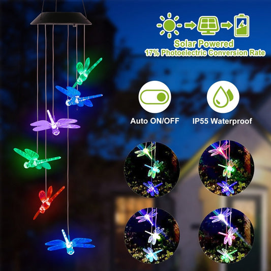 Solar Powered Dragonfly Lights Wind Chimes LED Color Changing Hanging Wind Lamp Waterproof Decorative Night Lamp